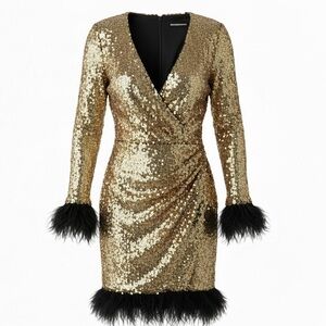 Tadashi Shoji Gold Sequin Dress Black Feather Trim XS